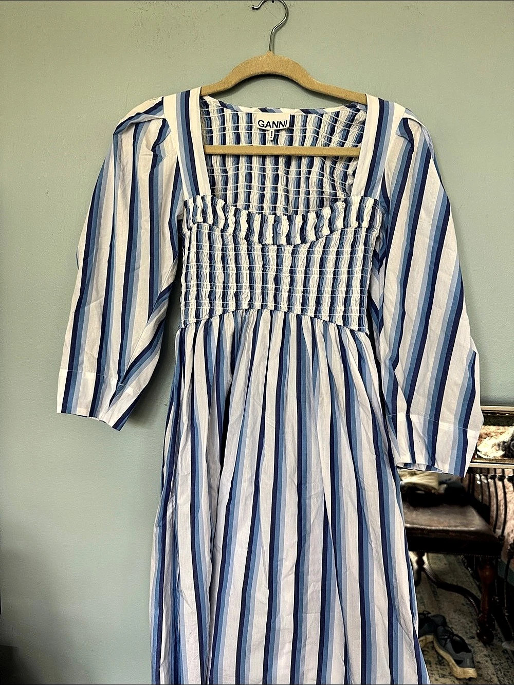 GANNI Blue Striped Cotton Smock Midi Dress Maxi Blue & White Size 32